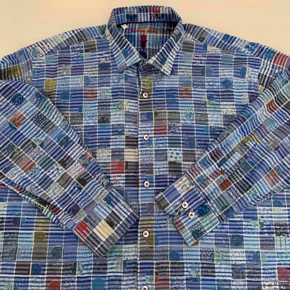 Visconti Black Men's XL Blue Patchwork Geo‎ Long Sleeve Button Down Shirt Cotton